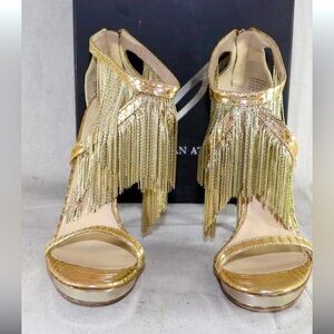 Gold fringe Brian Atwood heels size 10 w/box and dust bag.